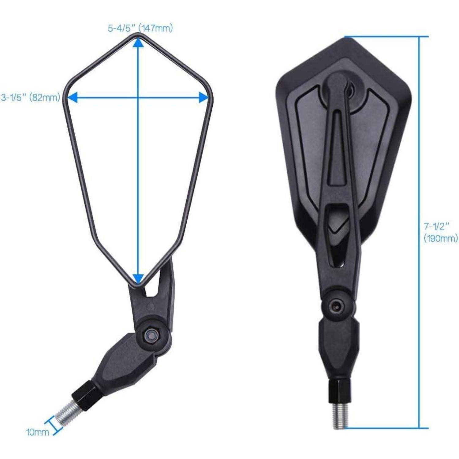 Schwarzer Motorradspiegl von vorne und hinten gezeigt mit beschrifteten Abmessungen: 7-1/2 Zoll hoch, 5-4/5 Zoll breit, 3-1/5 Zoll breit, 10 mm Gewinde.