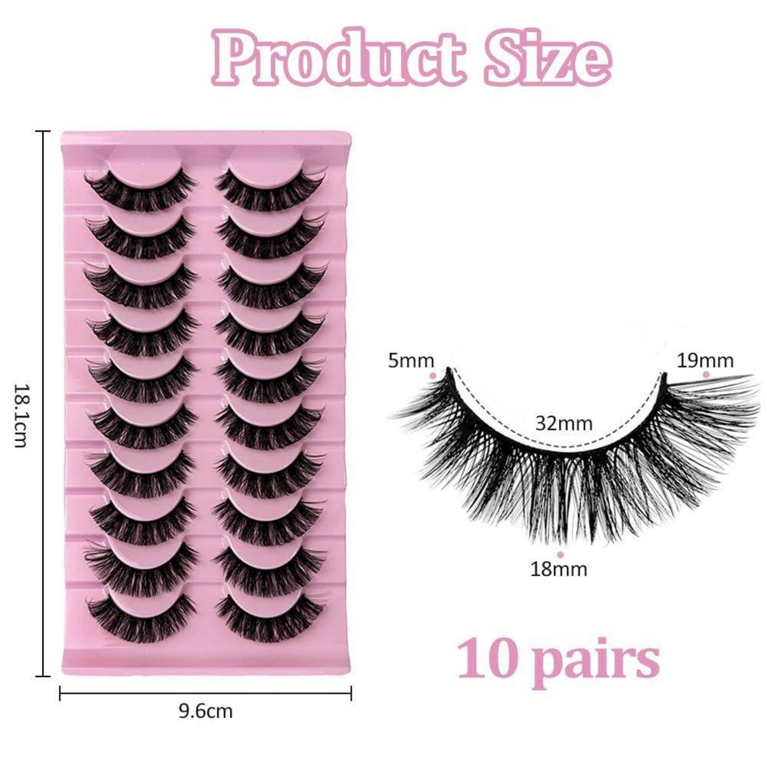 Produktgrößendiagramm, das eine rosa Packung mit 10 Paar künstlichen Wimpern zeigt, 18,1 cm groß und 9,6 cm breit; Wimpernlänge 32 mm mit Maßen von 5 mm, 18 mm und 19 mm.