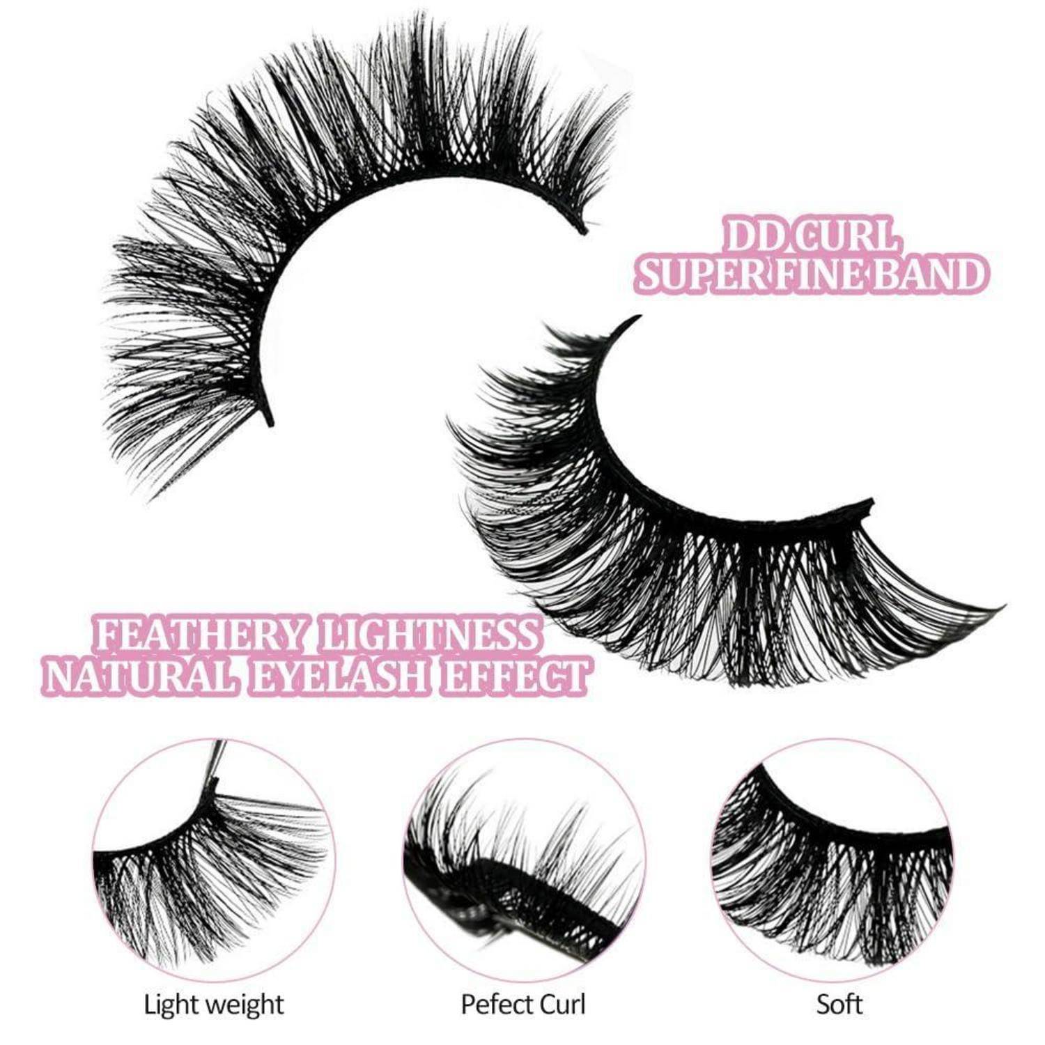 Produktbild von zwei falschen Wimpern mit rosa Text „DD CURL, SUPER FINE BAND