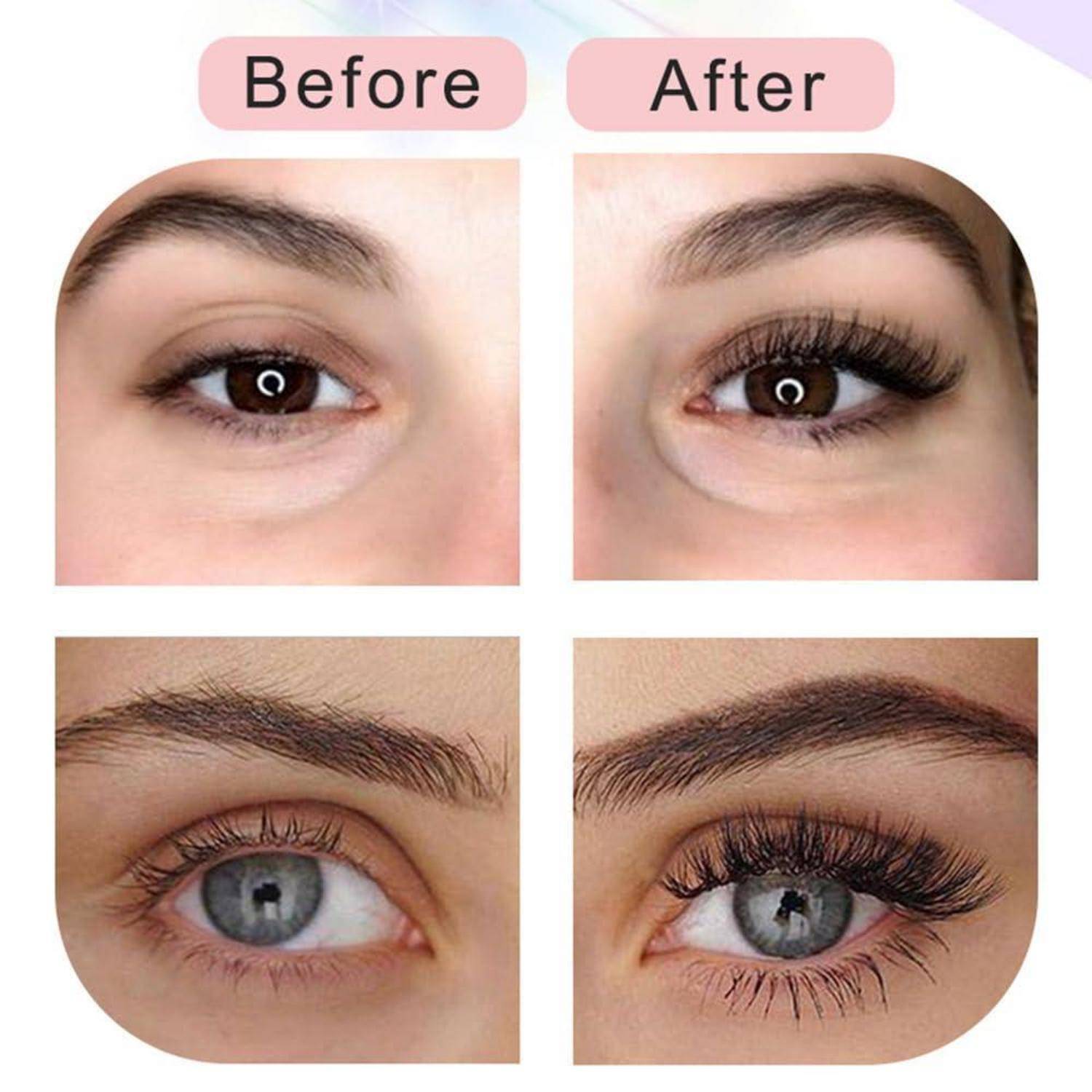 Vorher-und-Nachher-Bild zur Wimpernverlängerung, das natürliche Augen im Vergleich zu Augen mit längeren, volleren künstlichen Wimpern und besser definierten Augenbrauen zeigt.