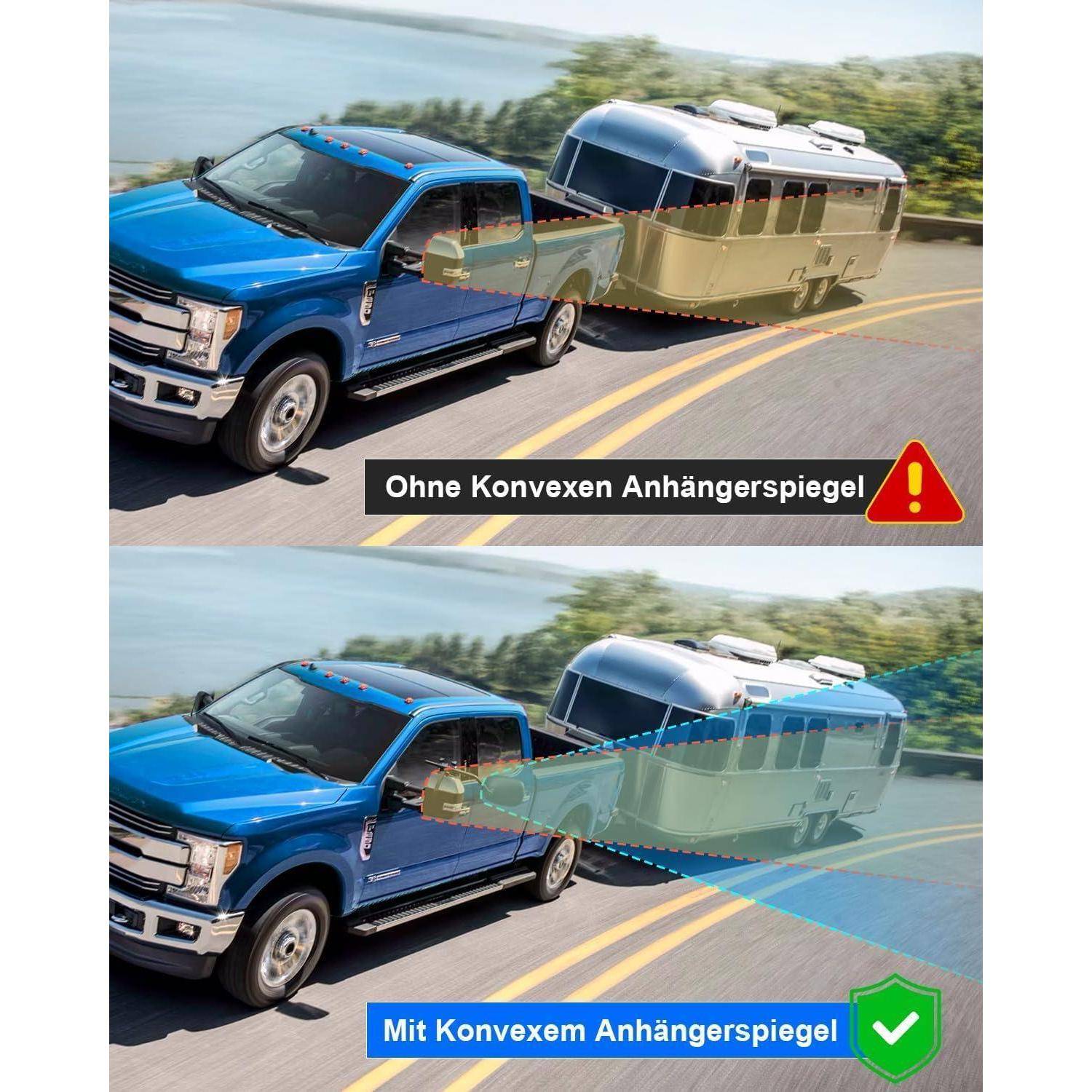 Nebeneinander Vergleich der Zugfahrzeugsichtbarkeit: „Ohne konvexen Anhängerspiegel