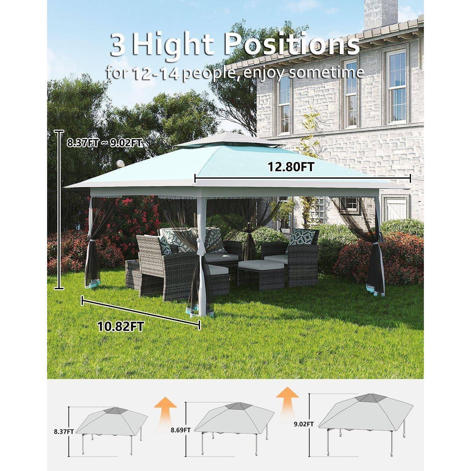 Outdoor-Pavillon-Baldachin in drei Höheneinstellungen für 12-14 Personen, gekennzeichnet mit 8,37-9,02 ft Höhe, 12,80 ft Breite und 10,82 ft Tiefe.