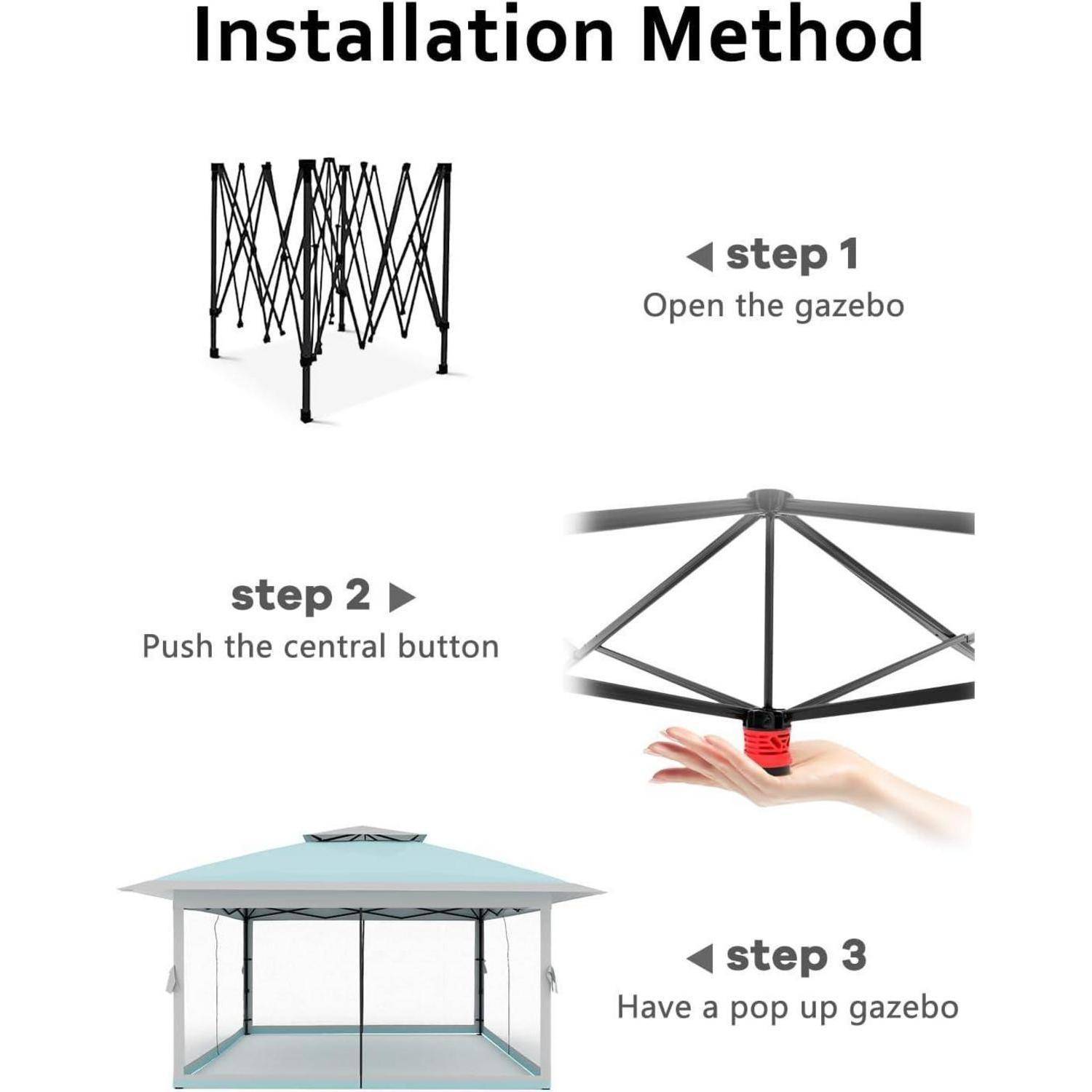 Installationsmethodendiagramm für ein Pop-up-Pavillon: Schritt 1 das Pavillon öffnen, Schritt 2 auf den zentralen Knopf drücken, Schritt 3 das Pavillon aufspannen.