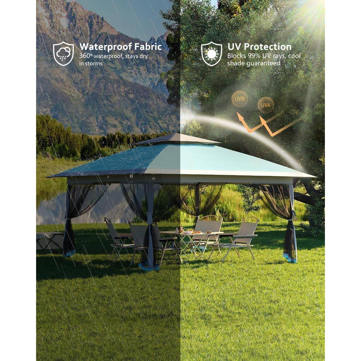 Outdoor-Pavillon in einer Bergwiese, gekennzeichnet mit "Wasserdichter Stoff"" und ""UV-Schutz"", zeigt Unterstand mit schattigem Sitzbereich und Schutz vor Regen und UV-Strahlung.