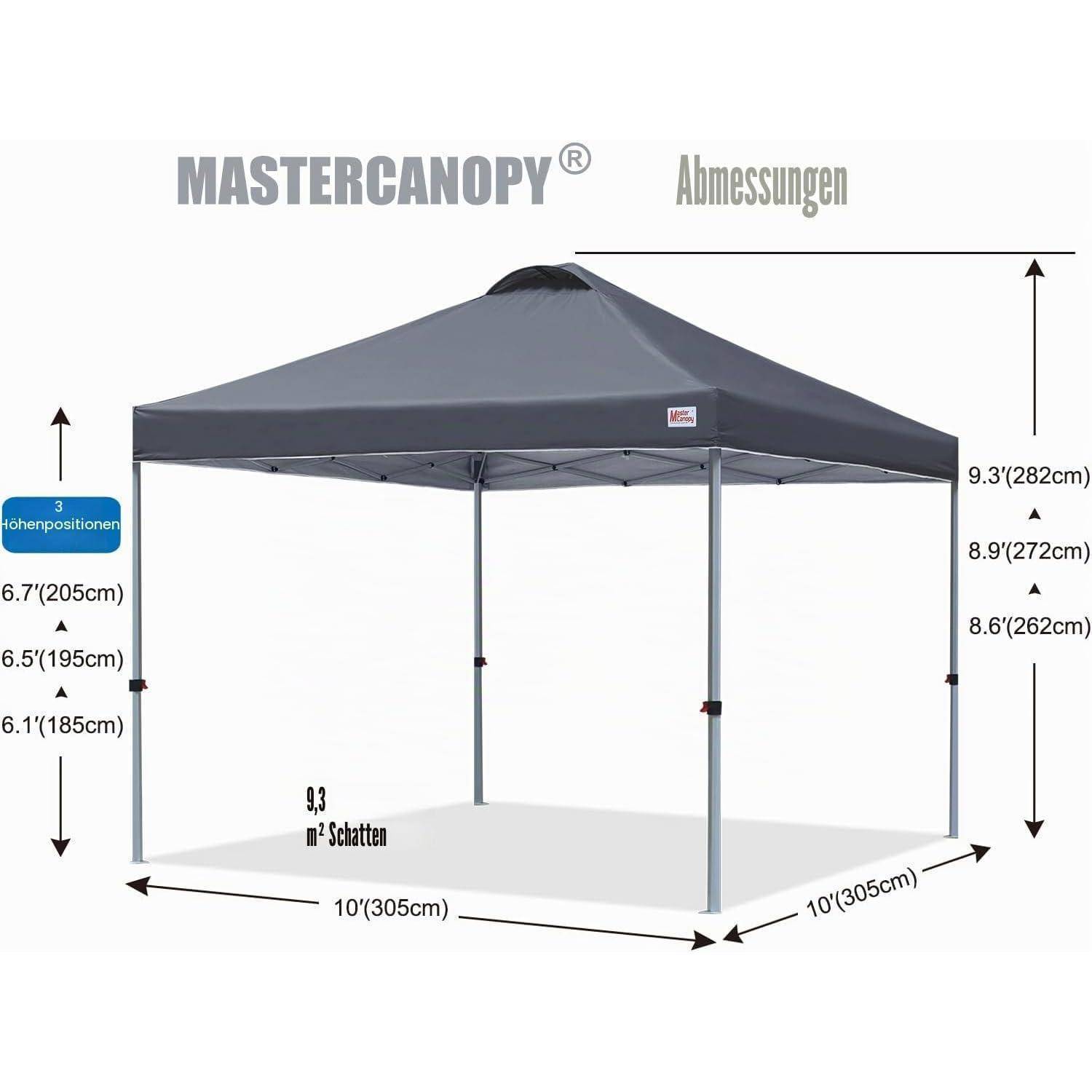 Diagramm eines Mastercanopy-Popup-Pavillon-Zelts mit angegebenen Abmessungen: 10' x 10' Grundfläche, drei Höhenpositionen und Schattenfläche mit Angabe von 9,3 m².