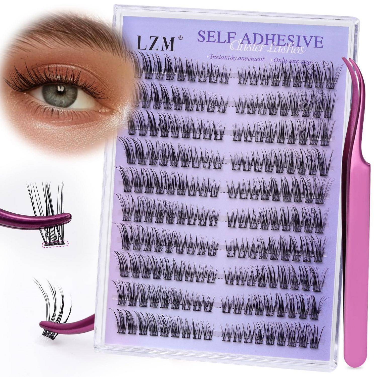 Falsche Wimpern-Display mit einem Modellauge, das selbstklebende Wimpernstreifen und rosafarbene Applikatorzangen zur einfachen Anwendung zeigt.