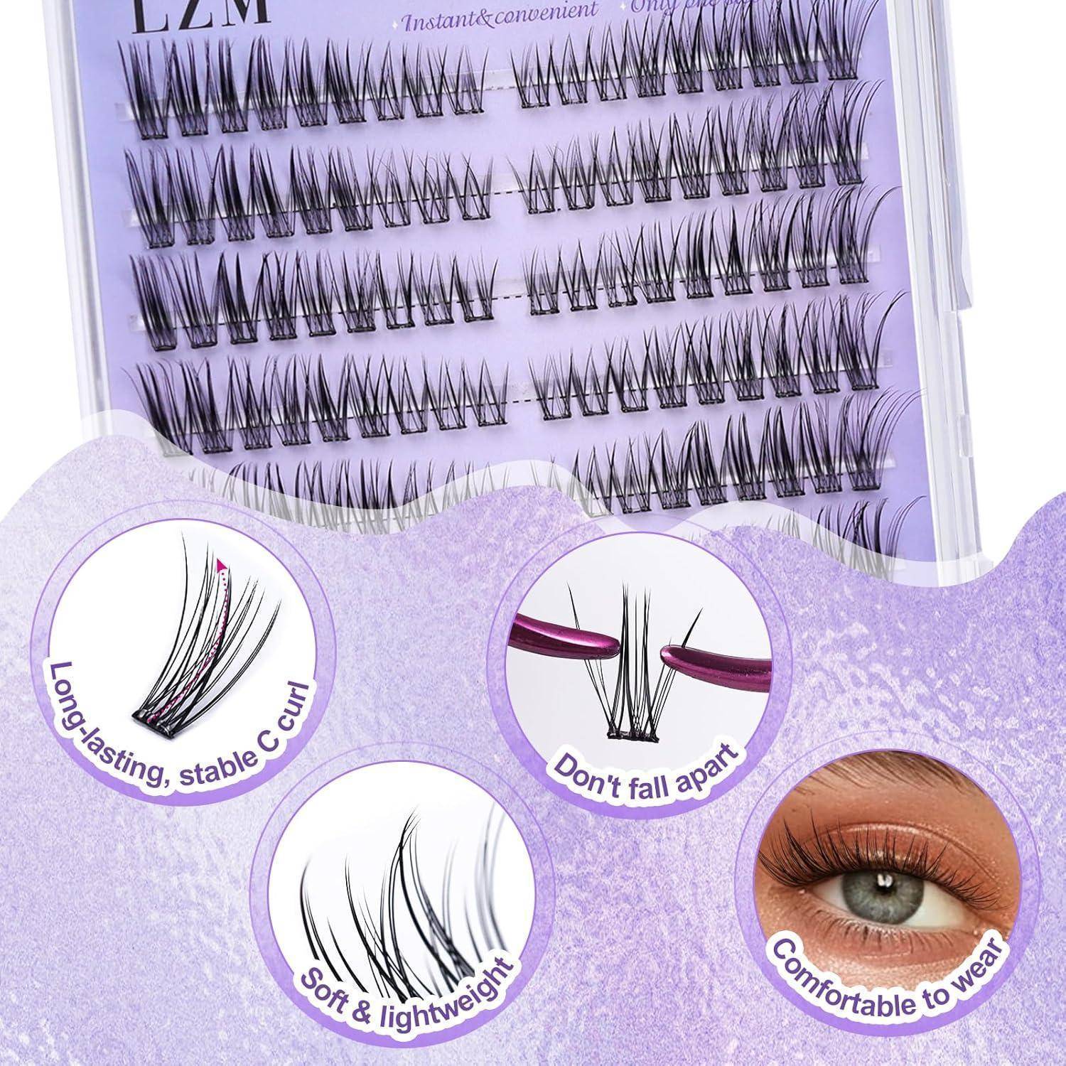 Tablett für Wimpernverlängerungen mit gekräuselten Wimpernbüscheln und drei Funktionshinweisen: Langanhaltende stabile Krümmung, zerfällt nicht, weiches und leichtes Material, angenehm zu tragen.