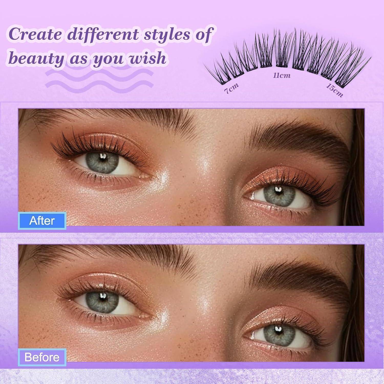 Werbefoto von Nahaufnahmen der Augen einer Frau, das vorher und nachher zeigt, mit verschiedenen Stilen von Wimpernverlängerungen. Die Längen sind mit 7 cm, 11 cm und 15 cm gekennzeichnet, und der Text lautet: „Erschaffen Sie verschiedene Schönheitsstile ganz nach Ihrem Wunsch
