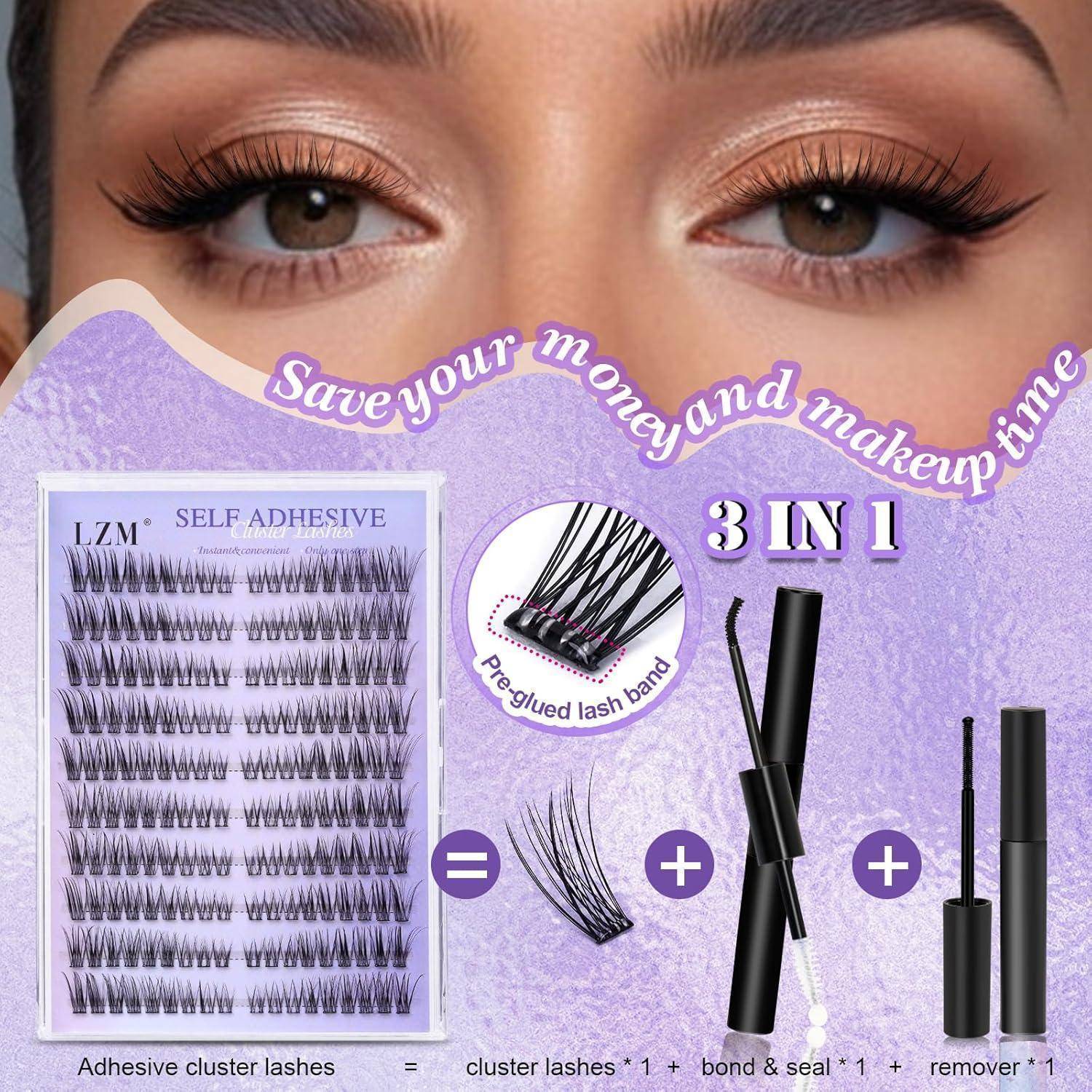 Werbeanzeige für Augen mit künstlichen Wimpern und Lavendel-Produktlayout für LZM selbstklebende Cluster-Wimpern, gekennzeichnet als „3 IN 1