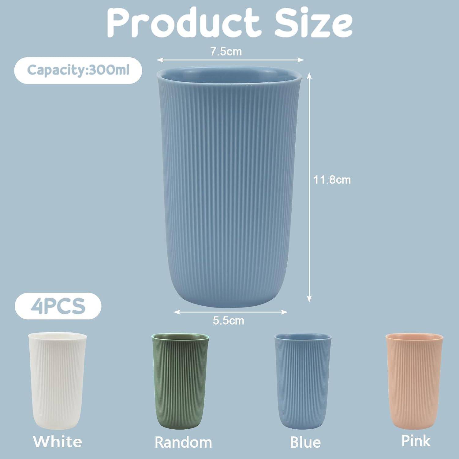Größentabelle für eine 300-ml-Tasse: 11,8 cm Höhe, 7,5 cm obere Breite, 5,5 cm Basisbreite; in Weiß, zufälliges Grün, Blau und Pink erhältlich, 4 Stück.