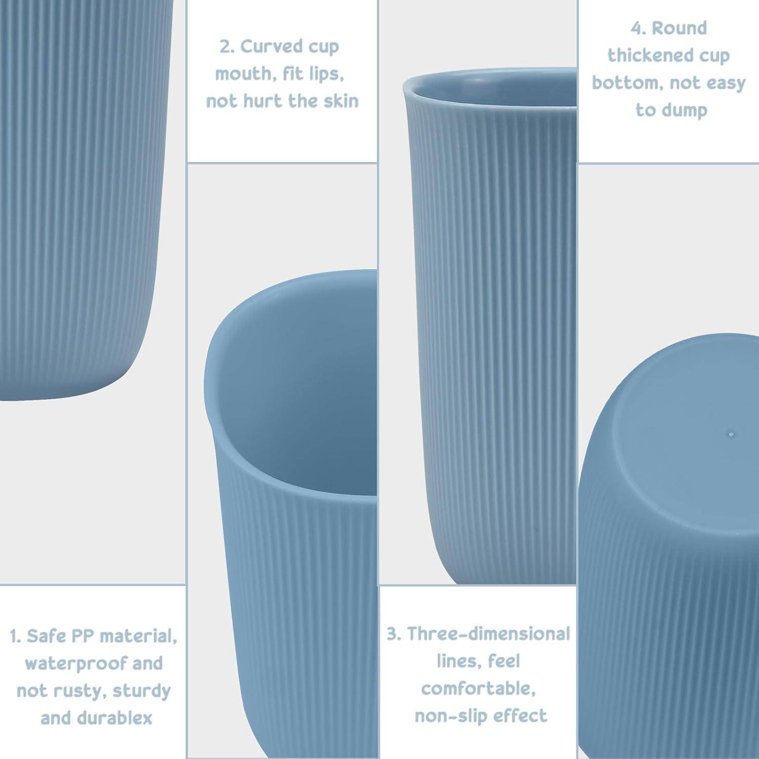 Infografik, die einen blauen strukturierten Kunststoffbecher mit gekennzeichneten Merkmalen zeigt: sicheres PP-Material, geschwungener Rand, 3D-Linien für besseren Griff und dicker stabiler Boden.