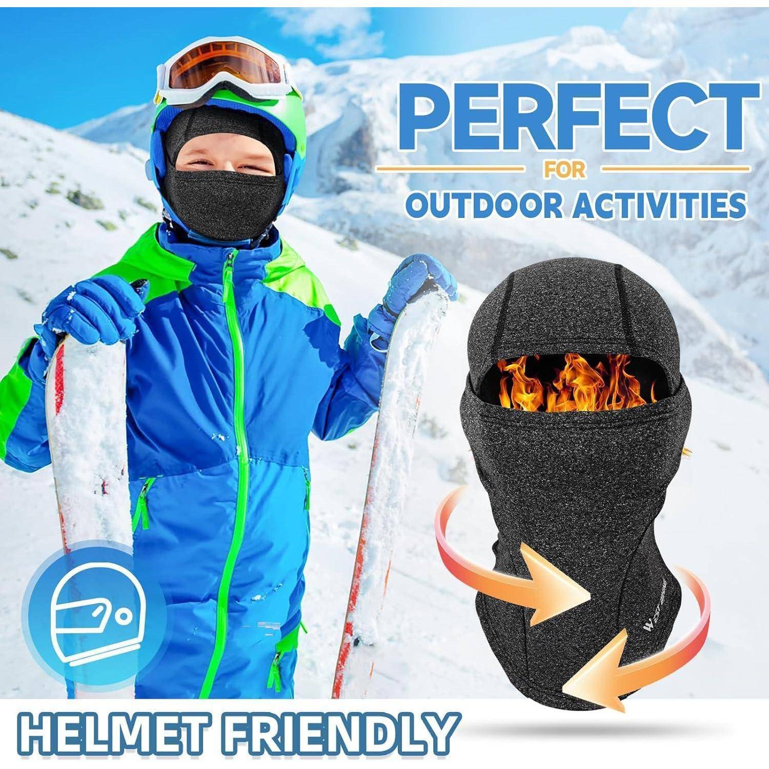 Werbebild eines Kindes in Skiausrüstung neben einer schwarzen Gesichtsmaske im Balaclava-Stil mit Flammen-Grafik, beschriftet mit „Perfekt für Outdoor-Aktivitäten" und „Helmfreundlich"".