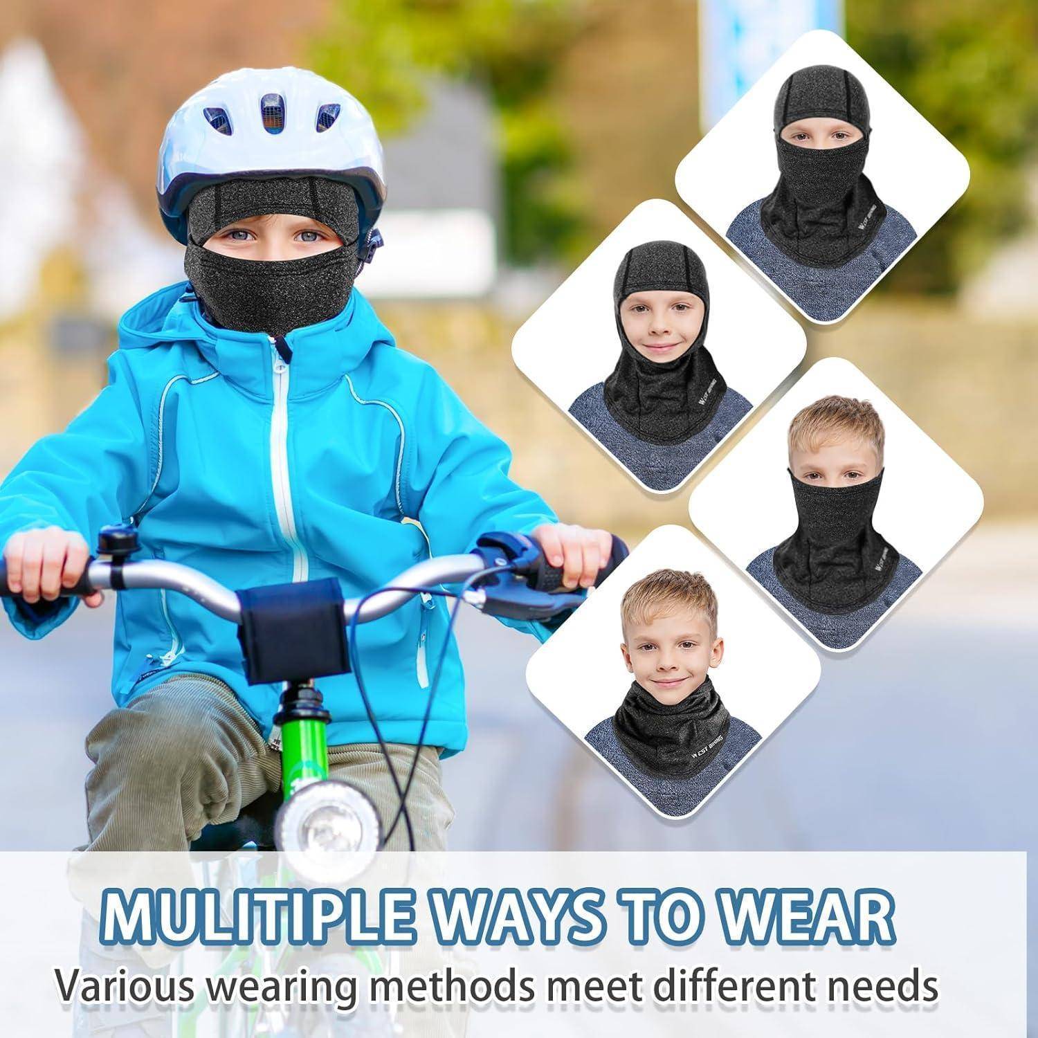 Kind auf Fahrrad mit weißem Helm und schwarzem Gesichtsschutz; Einschubbilder zeigen mehrere Möglichkeiten, den Nackenloop zu tragen, mit dem Text „Mehrere Möglichkeiten zu tragen".