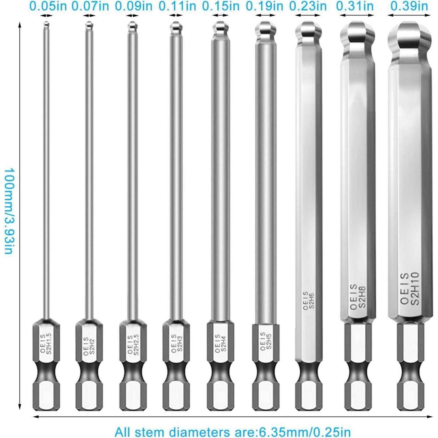 Vergleichstabelle von neun Stahl-Sechskantbits mit 100mm Länge und Schaftdurchmessern von 0,05in bis 0,39in, mit 6,35mm/0,25in Basisdurchmesser.