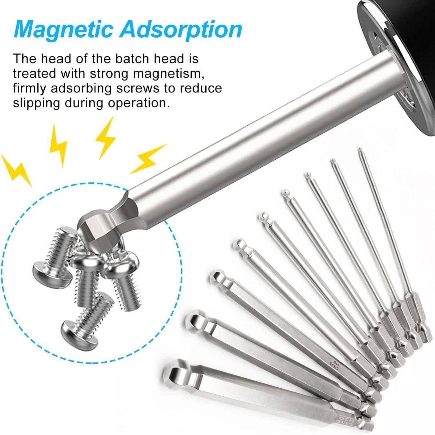 Illustration eines magnetischen Schraubendrehergriffs, der Schrauben greift, mit der Beschriftung „Magnetische Adsorption