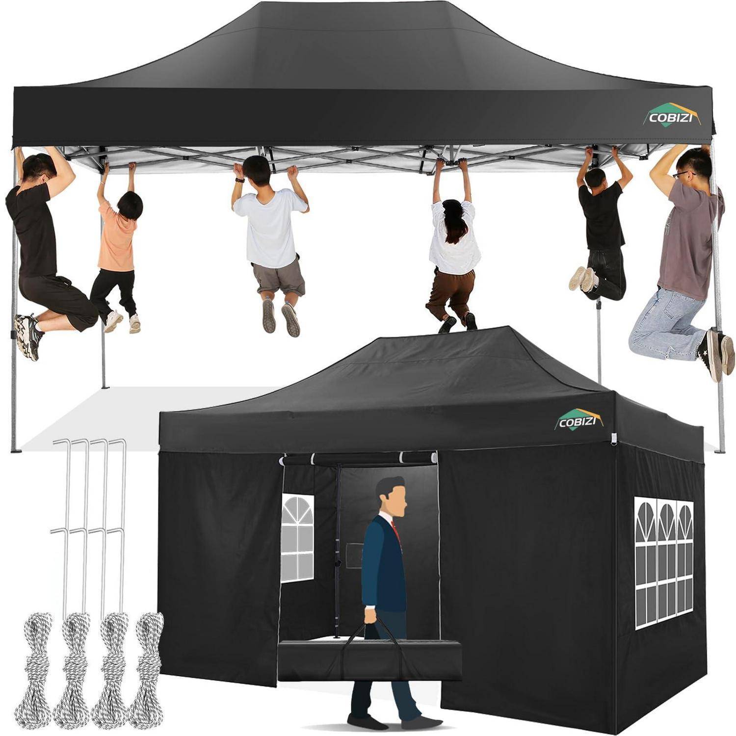 Illustration eines schwarzen Pavillon-Zelts, das von sechs Personen aufgebaut wird, mit einem fertiggestellten Zelt unten und Faltrahmenteilen, die links dargestellt sind.
