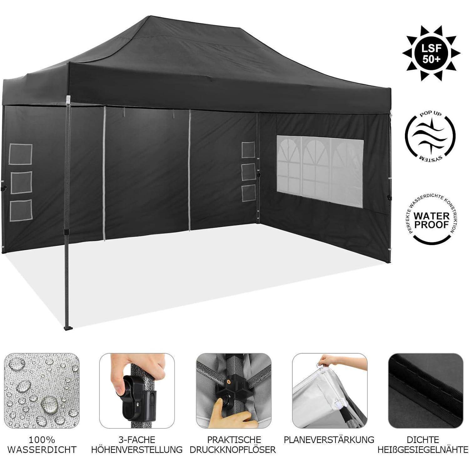 Schwarzes Popup-Pavillon-Zelt mit Seitenwänden und transparentem Fensterfeld, dargestellt mit Symbolen für 100% Wasserdichtheit, 3-fache Höhenverstellung, verstärkte Nähte und dichtes Material.
