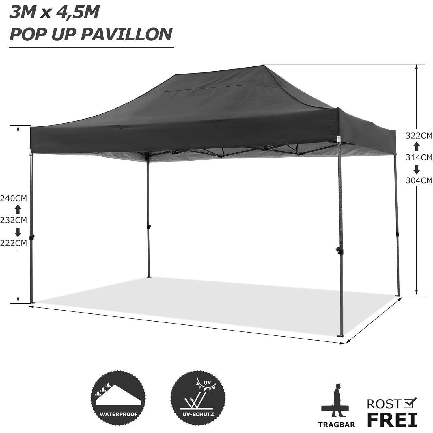 Diagramm eines 3m x 4,5m Popup-Pavillon-Zelts mit Höhenmessungen, wasserdicht und UV-geschützt, und 