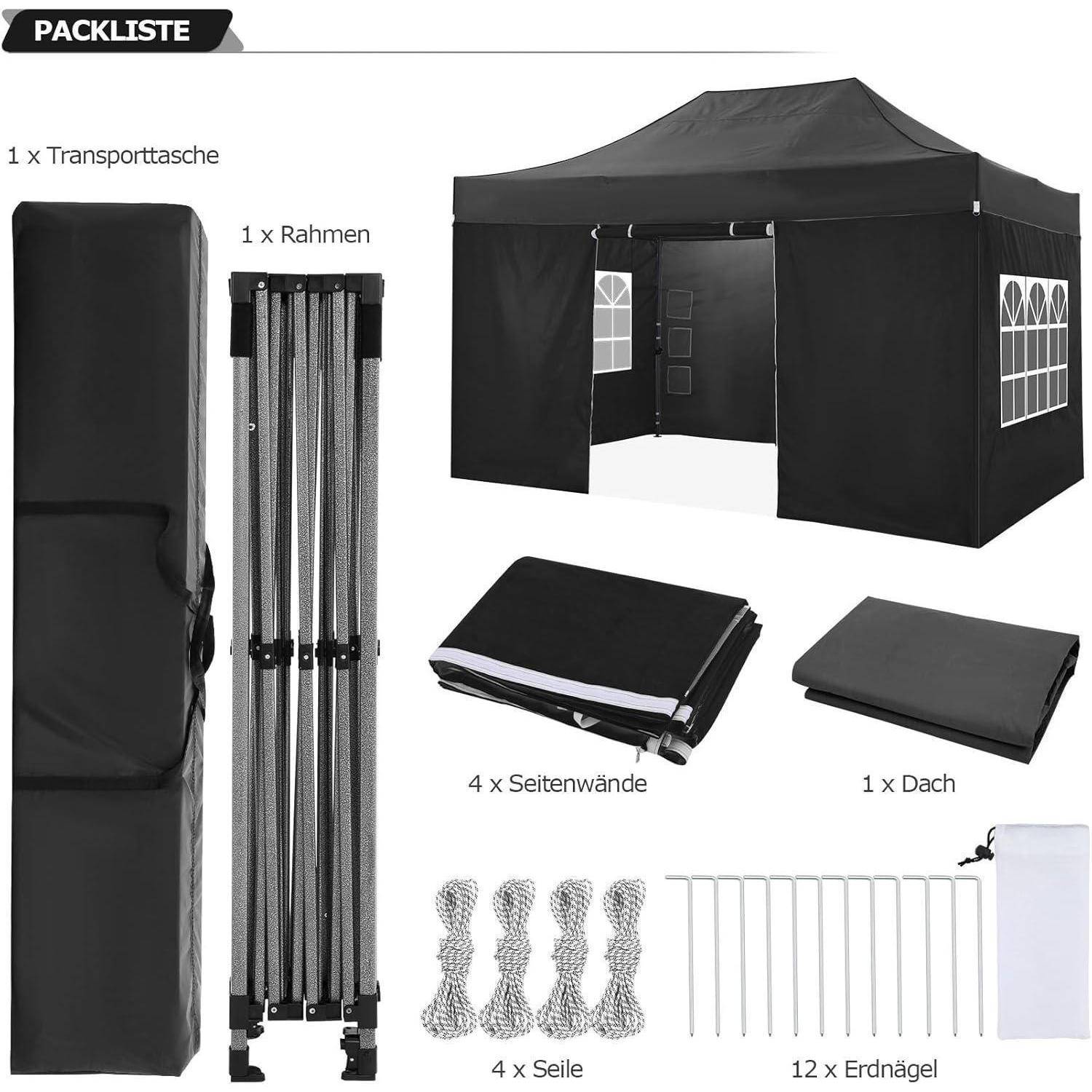 Packliste für ein schwarzes Pop-Up-Pavillon-Zelt: Transporttasche, Rahmen, Dach, 4 Seitenwände, 4 Seile, 12 Heringe.