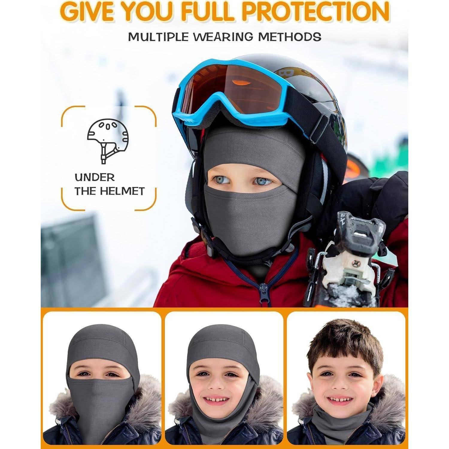 Werbebild eines Kindes, das eine graue Gesichtsmaske/Sturmhaube unter einem Skihelm und einer Schutzbrille trägt, das mehrere Trageweisen für umfassenden Schutz zeigt.