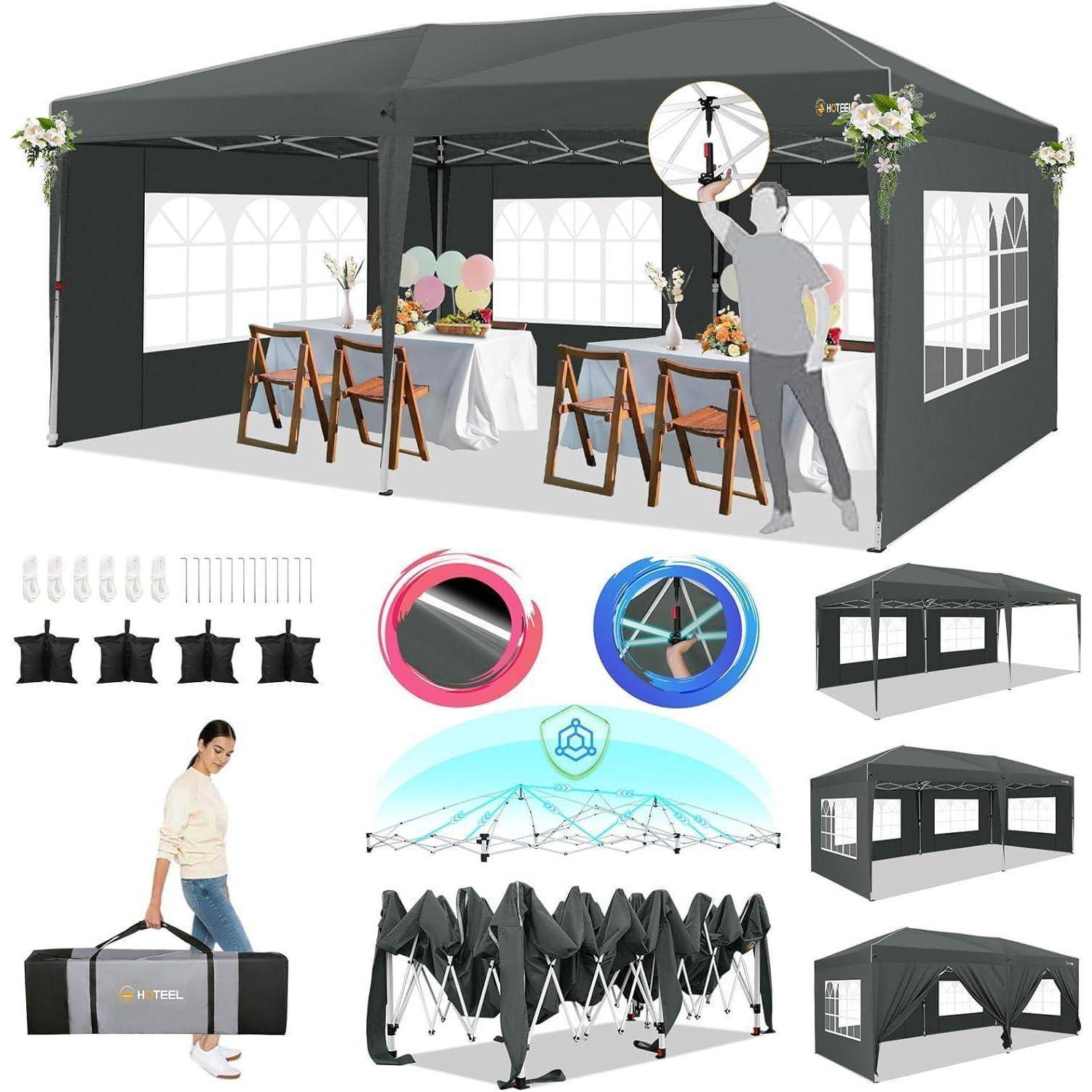 Collage eines schwarzen Pop-up-Pavillon-Zelts mit montierter Veranstaltungsnutzung mit Tischen und Dekoration, plus mitgelieferten Zubehörteilen, Tragetasche, gefalttem Rahmen und Seitenpanel-Variationen.