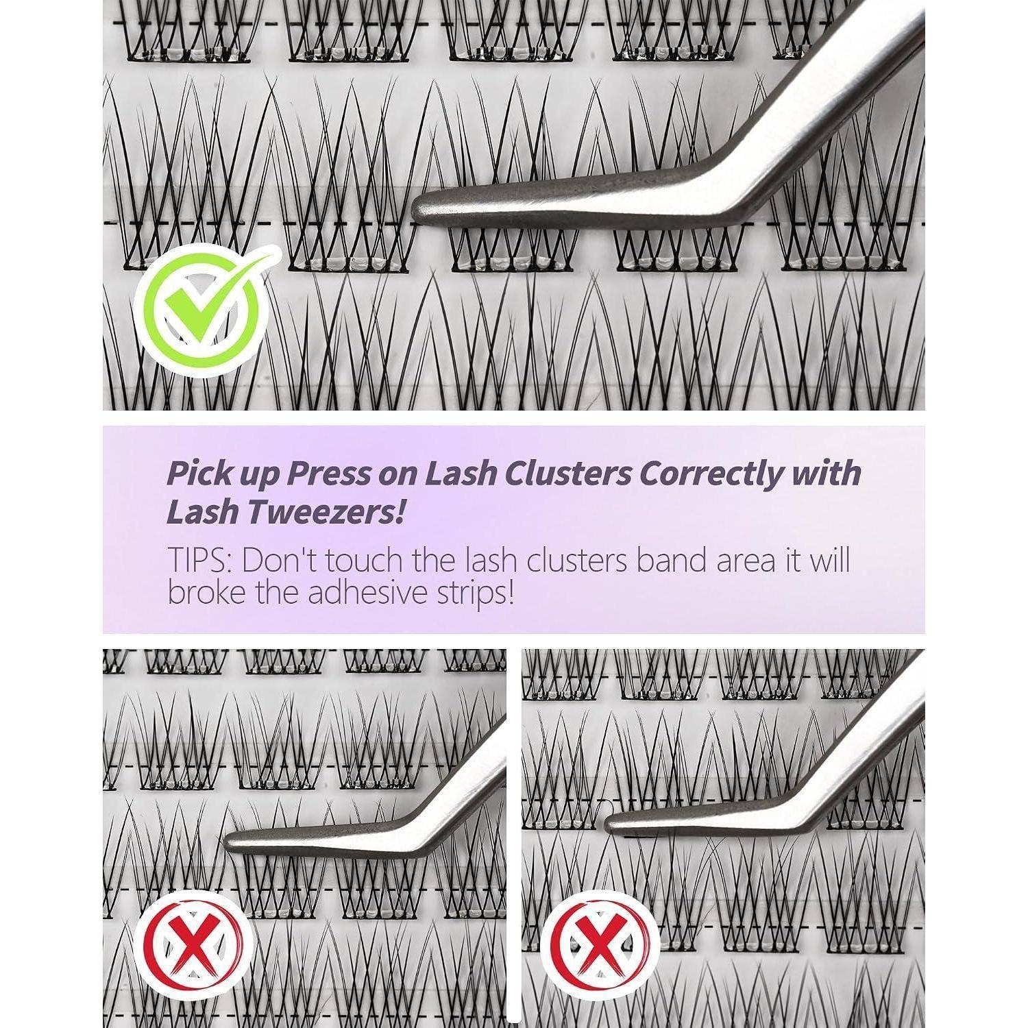 Anleitungsgrafik, die zeigt, wie Wimpernzangen Wimpernbüschel korrekt an den Wimpernhaaren – nicht am Band – aufnehmen, mit einem Tipp, um zu vermeiden, dass Klebestreifen reißen.