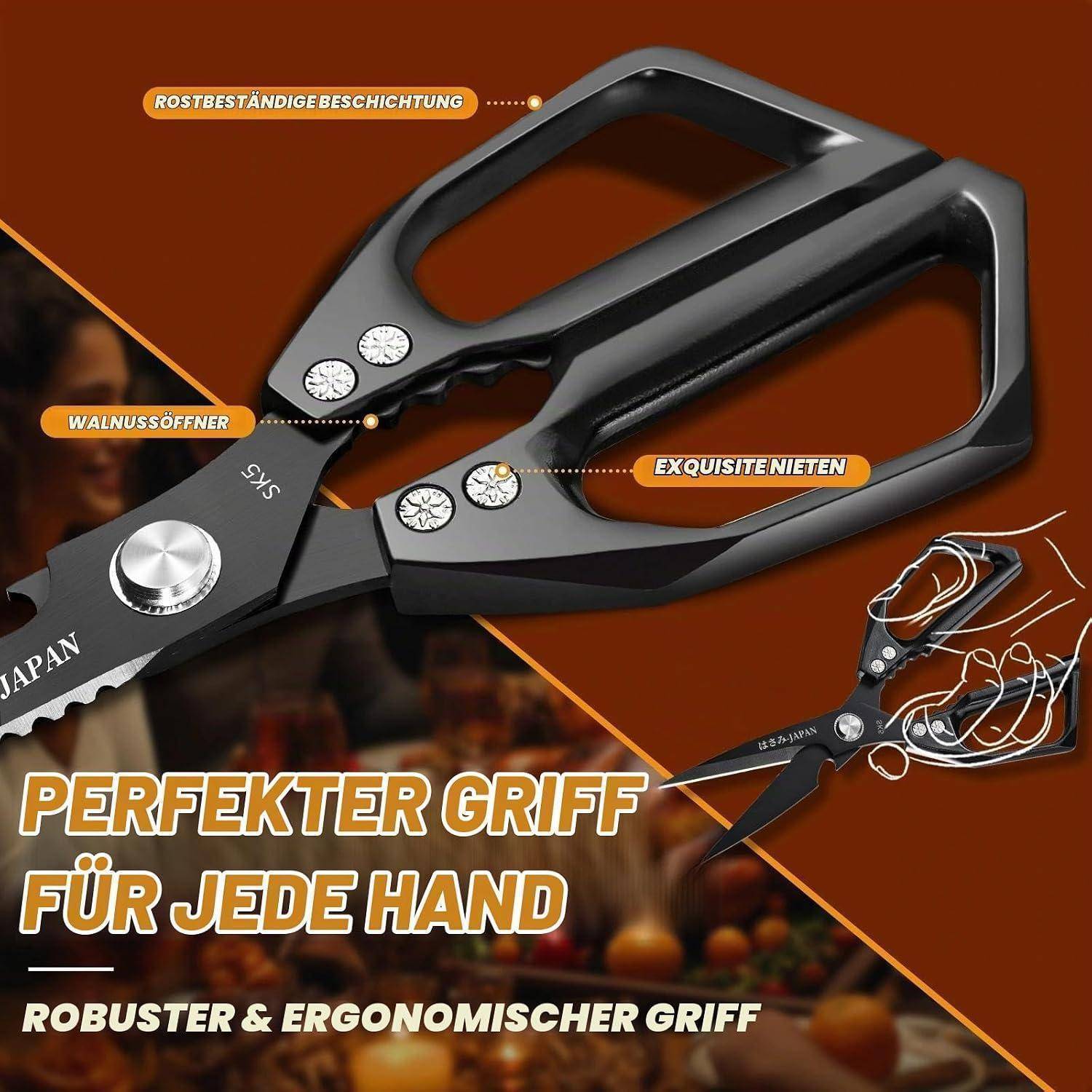 Werbebild von schwarzen Multifunktionsscheren mit deutschen Beschriftungen, die eine rostbeständige Beschichtung, einen Nussknacker und exquisite Nieten hervorheben; der Text sagt "Perfekter Griff für jede Hand"" und ""Robuster und ergonomischer Griff"".