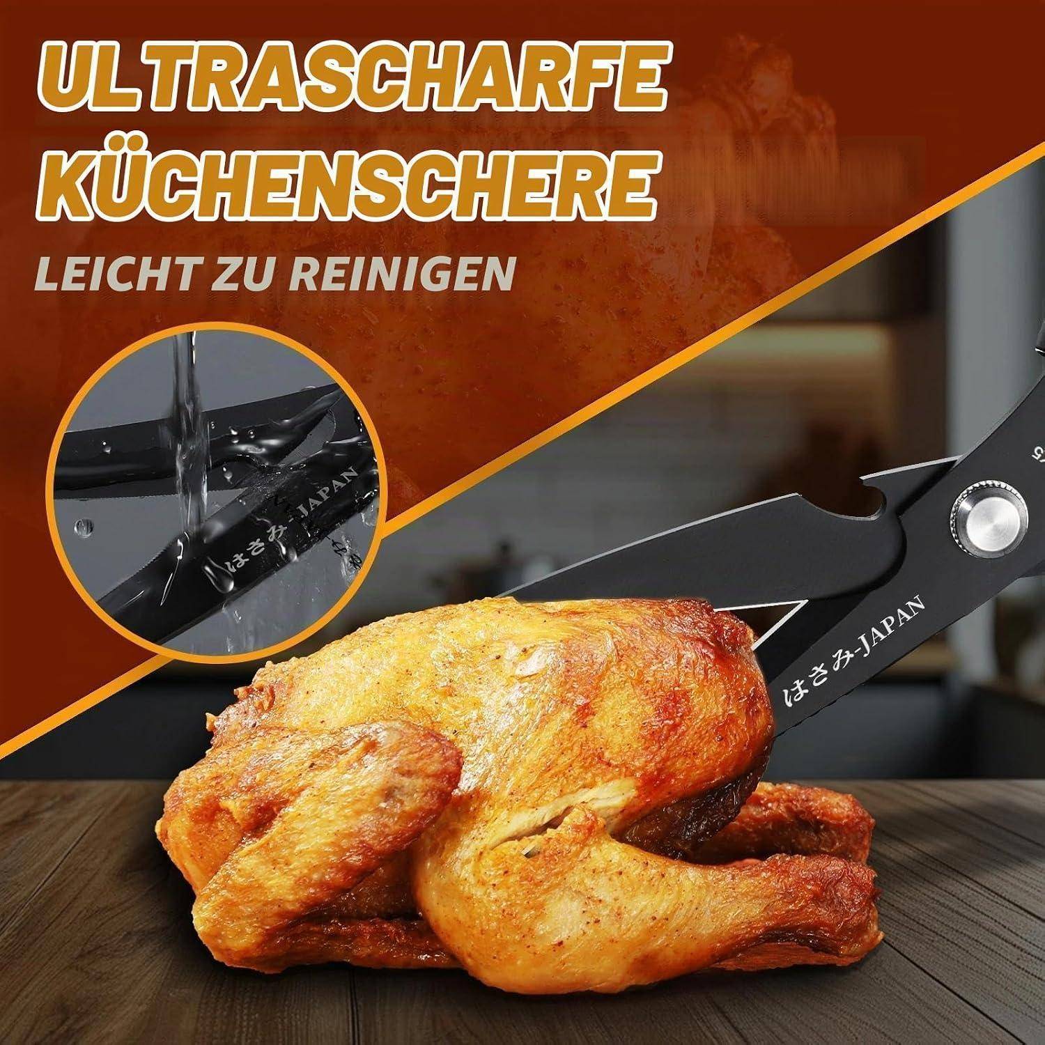 Promotional image of an ultra-sharp kitchen scissors cutting roasted chicken, with inset showing easy cleaning and German text 'ULTRASCHARFE KÜCHENSCHERE' and 'LEICHT ZU REINIGEN'.