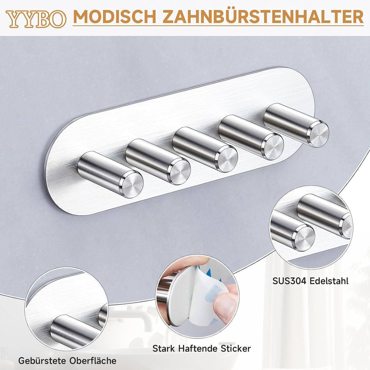 Werbebild eines gebürsteten Edelstahlzahnbürstenhalters mit fünf zylindrischen Haken, beschriftet auf Deutsch als „YYBO MODISCH ZAHNBÜRSTENHALTER