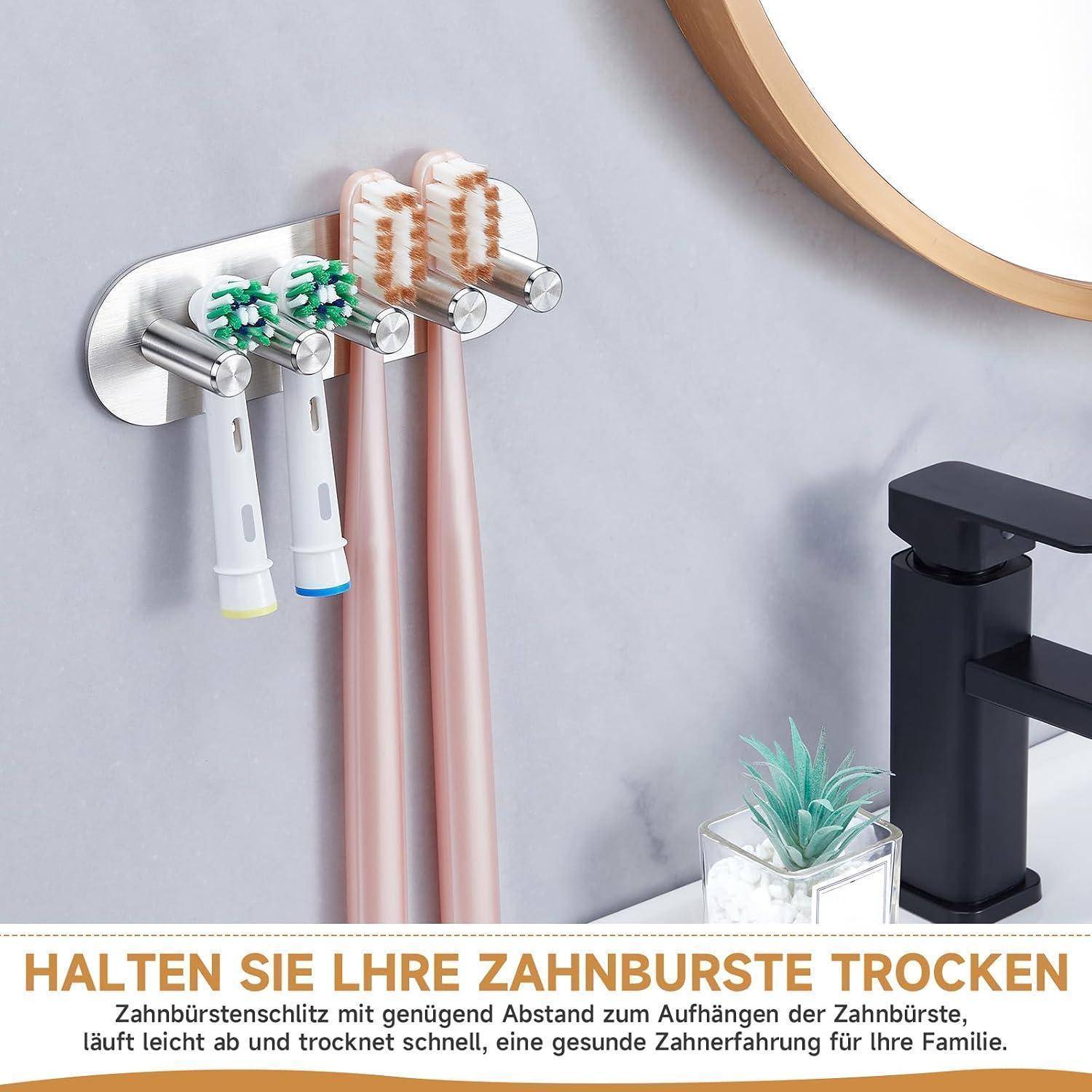 Wandmontierter Zahnbürstenhalter mit vier elektrischen Zahnbürsten und einem deutschen Text, der trockene, verteilte Lagerung für bessere Hygiene bewirbt.