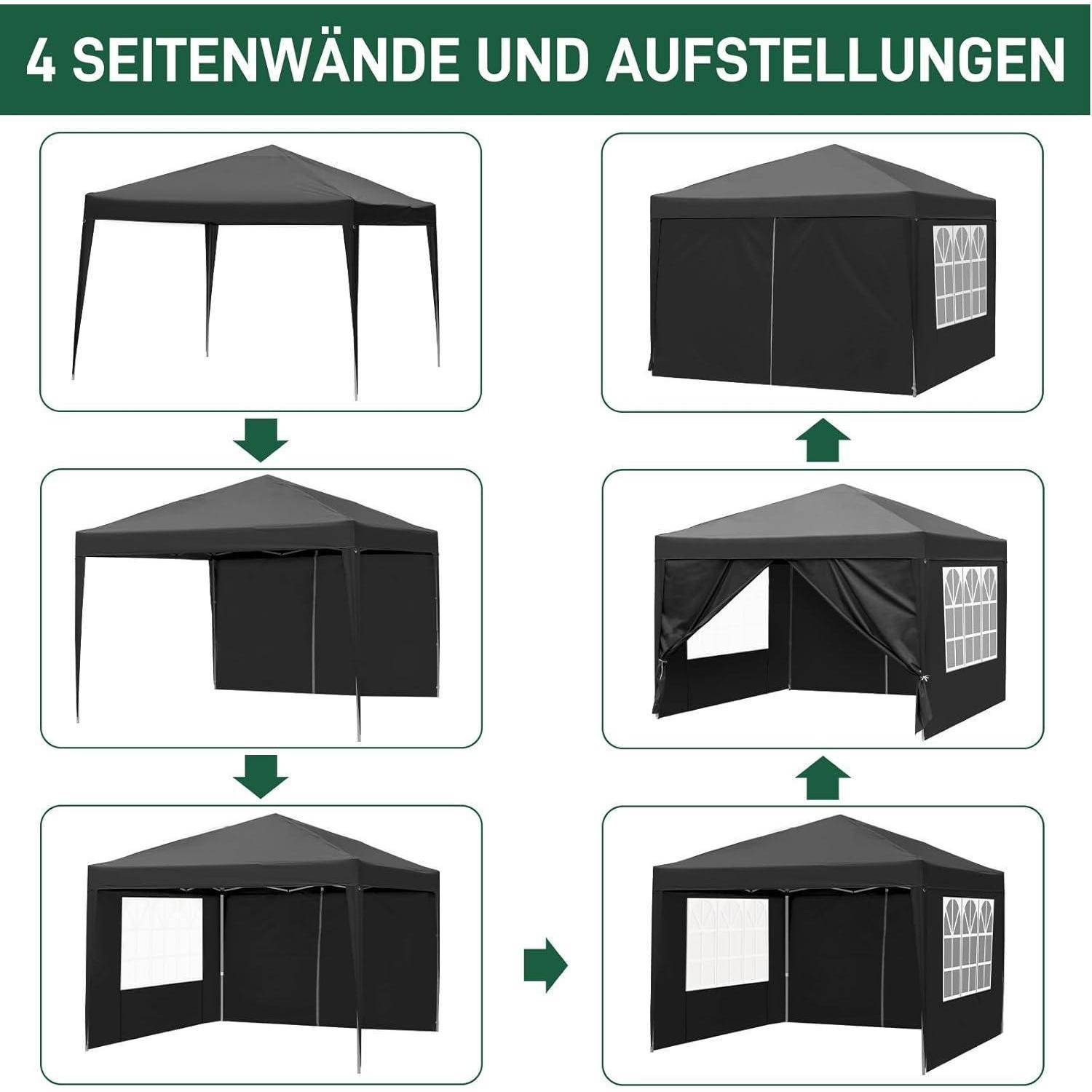 Diagramm zeigt ein Pop-up-Baldachindach mit 4 Wandkonfigurationen, von offenem Rahmen bis zu teilweise geschlossenen und vollständig geschlossenen Konfigurationen.