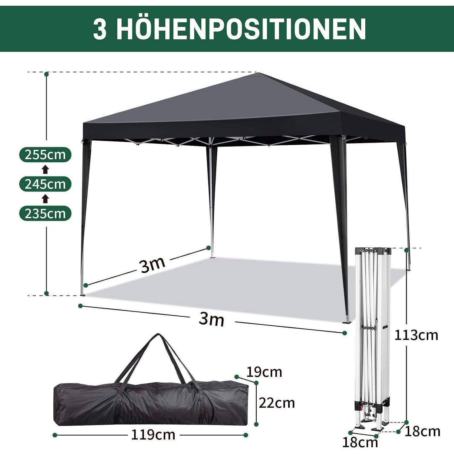 Schwarzes Falt-Pavillon-Zelt mit 3 Höheneinstellungen: 235, 245 und 255 cm; Grundfläche 3 m x 3 m; inklusive 119 cm Tragetasche und zusammengefaltete Größe 113 x 18 x 18 cm.