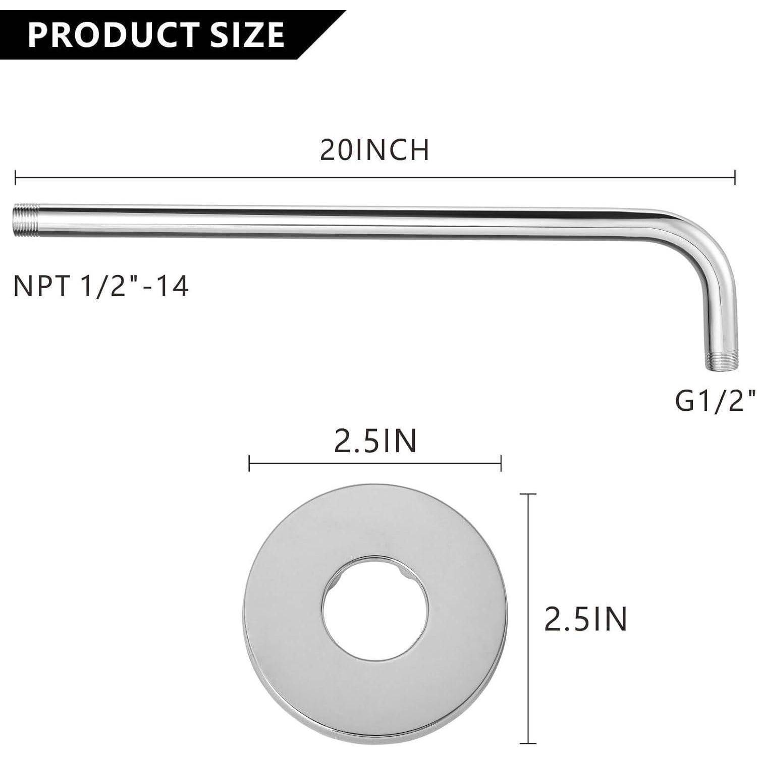 Produktgrößendiagramm eines verchromten L-förmigen Rohrs: 20 Zoll Länge, NPT 1/2