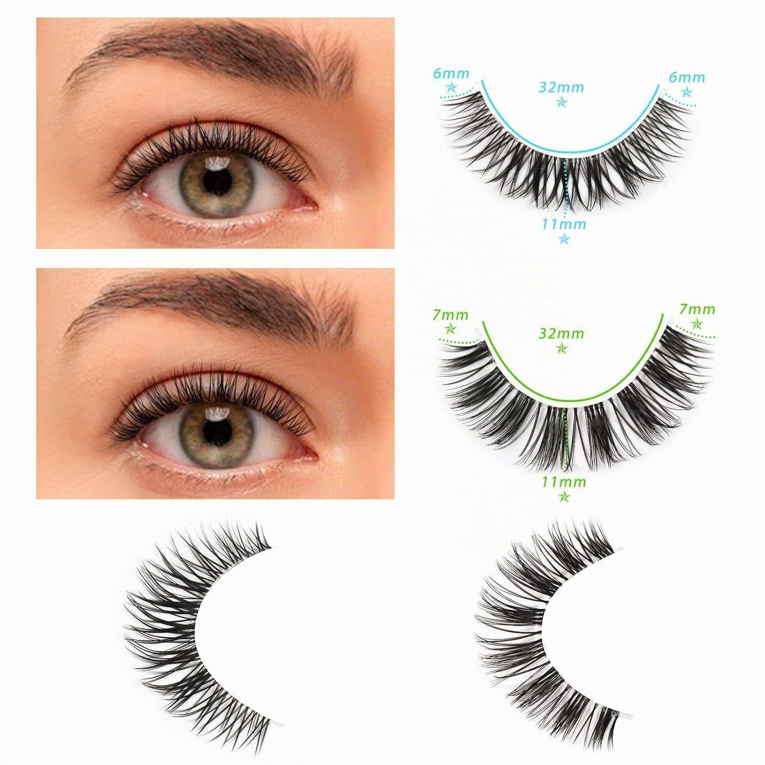 Vorher-und-Nachher-Nahaufnahme eines Auges mit künstlichen Wimpern, mit Diagrammen, die Wimpernlängen zeigen: 6mm, 32mm, 11mm und 7mm.