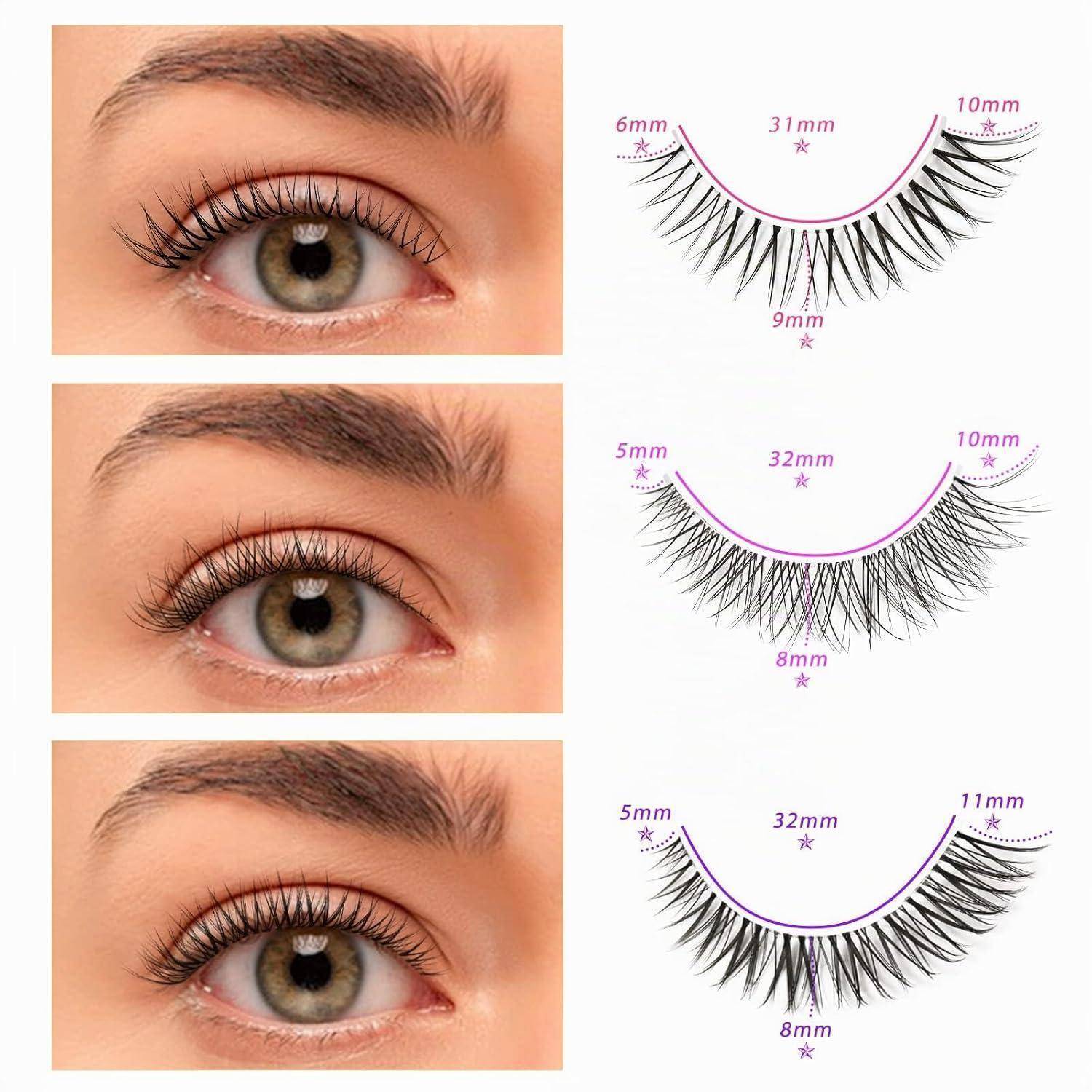 Drei Wimpernverlängerungsstile, die mit Fotos der Augen und gekrümmten Wimperndiagrammen dargestellt sind, die mit Längenmessungen in Millimetern gekennzeichnet sind und verschiedene Formen und Fülle vergleichen.
