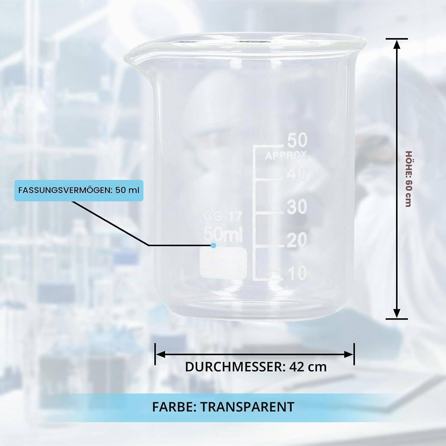 Transparentes 50-ml-Becherglas mit Graduierungsmarkierungen, 6,0 cm hoch und 4,2 cm Durchmesser; gekennzeichnet mit „Fassungsvermögen: 50 ml