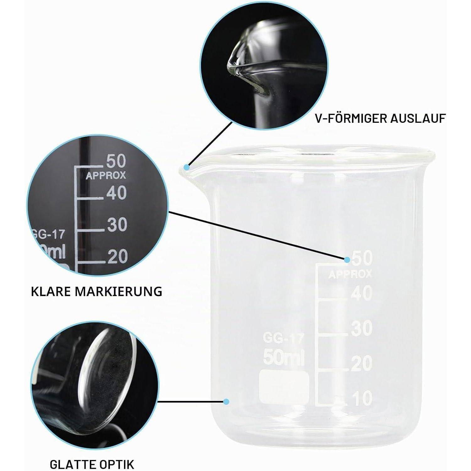 Transparentes 50-ml-Laborbecherglas mit V-förmiger Ausgießer, deutlichen Volumenmarkierungen und glatter Oberfläche, dargestellt mit beschrifteten Detailausschnitten in deutscher Sprache.
