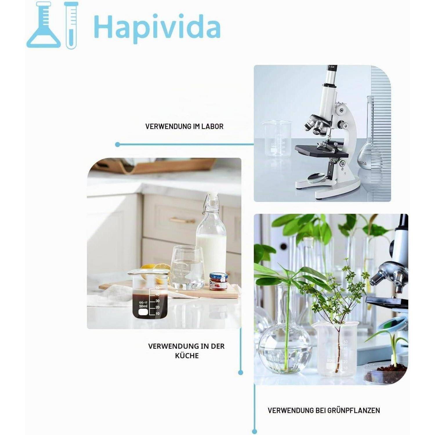 Hapivida-Logo mit drei Verwendungsbeispielen: Mikroskop in einem Labor, Glasflaschen in einer Küche und Pflanzenstecklinge neben einem Mikroskop für grüne Pflanzen.