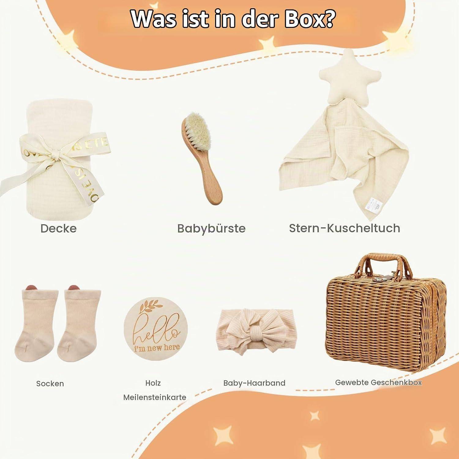 Neugeborenen Geschenk, 7-Teilige Baby Geschenkset Junge Mädchen, 7 in 1 Babygeschenke Mit Decke, Baby-Haarband, Babybürste, Socken, Meilensteinkarte