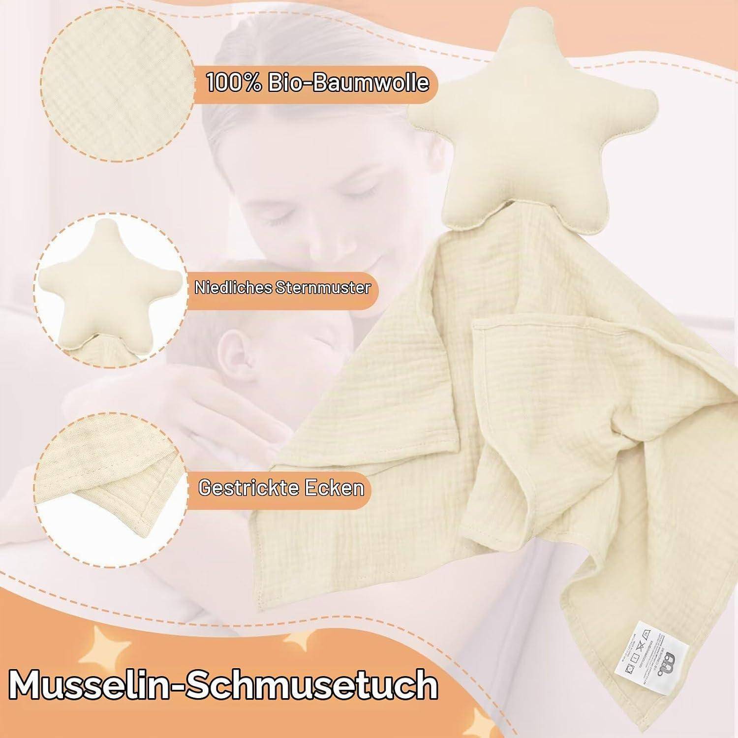Werbebild einer cremefarbenen Musselin-Schmusedecke mit sternförmiger Spitze, gekennzeichnet mit „100% Bio-Baumwolle