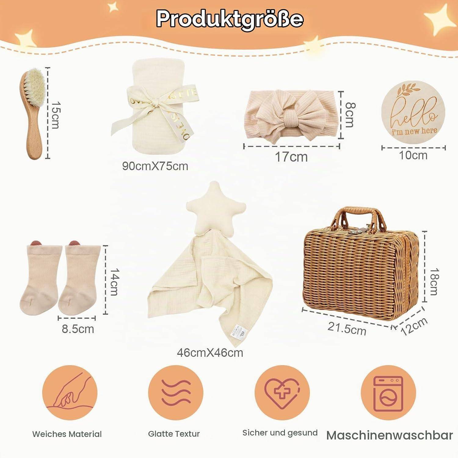 Größentabelle für ein Babypflegeset: Bürste 15 cm, Handtuch 90 x 75 cm, Schleife Haarband 17 cm, rundes Etikett 10 cm, Socken 14 x 8,5 cm, Sterndecke 46 x 46 cm, Korb 21,5 x 12 x 18 cm; weich, maschinenwäschbar.