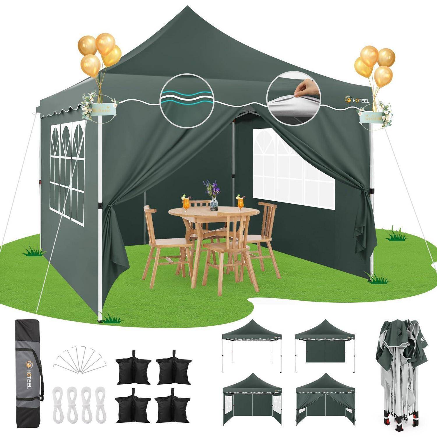 Dunkelgrünes Outdoor-Pavillon-Zelt mit Seitenwänden, Fenstern, Ballondekorationen und einer Tisch-und-Stühle-Anordnung; unten sind mitgelieferte Zubehörteile und mehrere Zeltansichten enthalten.