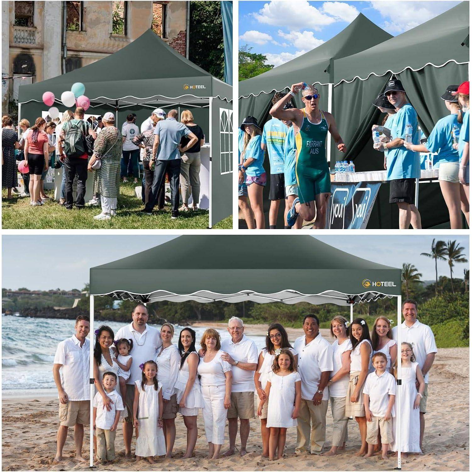 Collage von Szenen aus Outdoor-Veranstaltungen: Menschen versammelt an einem grünen „HOTEL"-Zelt, ein Läufer an einer Rennkontrollstelle und eine große Familie, die am Strand unter einem passenden Zelt posiert.