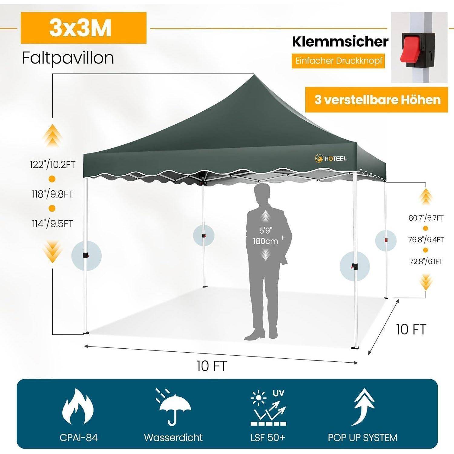 Illustration eines 3x3m Pop-up-Zeltes mit verstellbaren Höheneinstellungen, 10 ft Seitenseiten, 10 ft Front und Beschriftungen für wasserdicht, UV 50+, CPAI-84 und Pop-up-System.