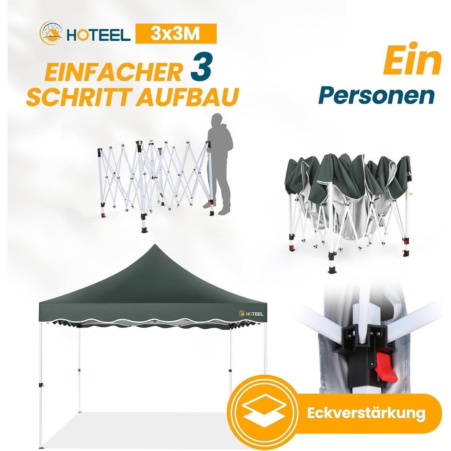 HOTEEL Faltpavillon 3x3 Wasserdicht Stabil Pop Up Pavillon Klappbar 3x3m Winterfest Partyzelt, mit 4 Seitenwänden, 4 Sandsäcken, 4 Seilen, 4 Heringe