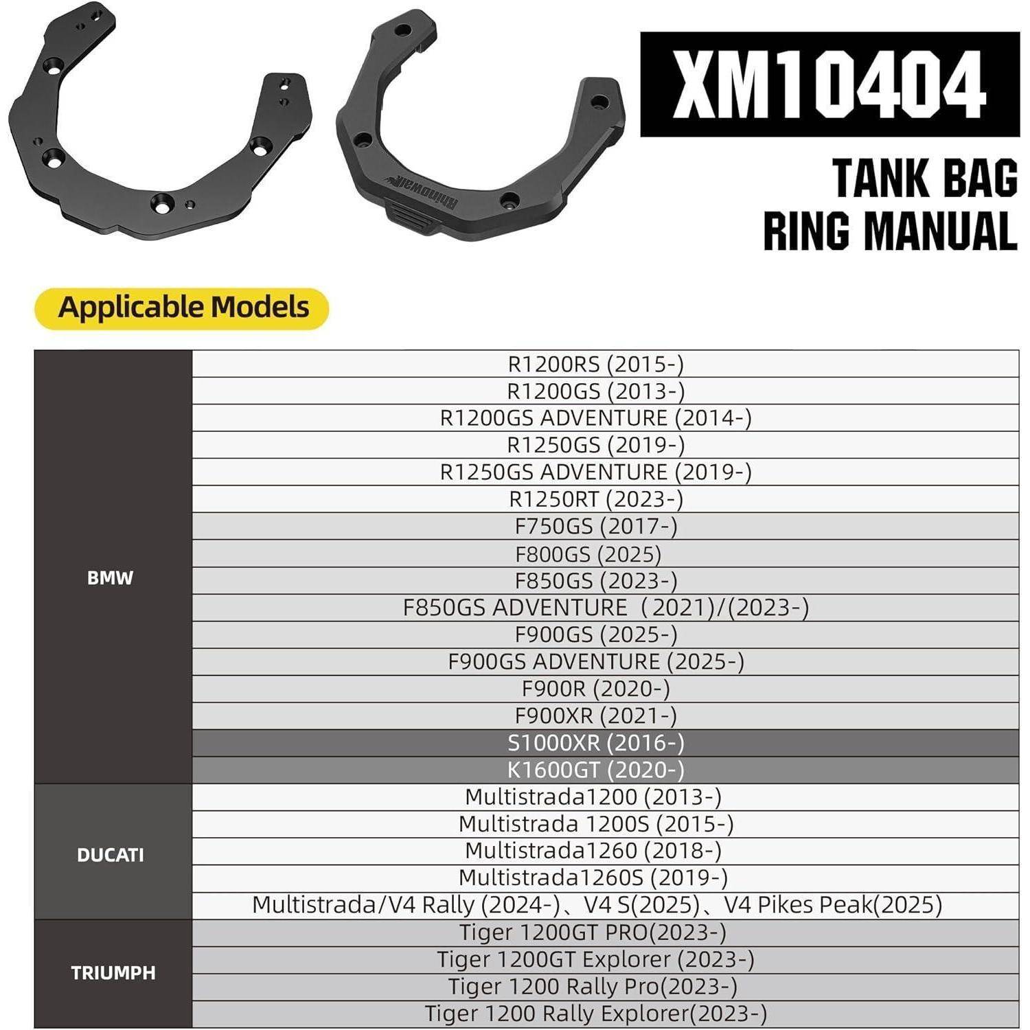 XM10404 Tankbeutel-Ring-Handbuch mit einer Kompatibilitätstabelle für anwendbare BMW-, Ducati- und Triumph-Motorradmodelle.