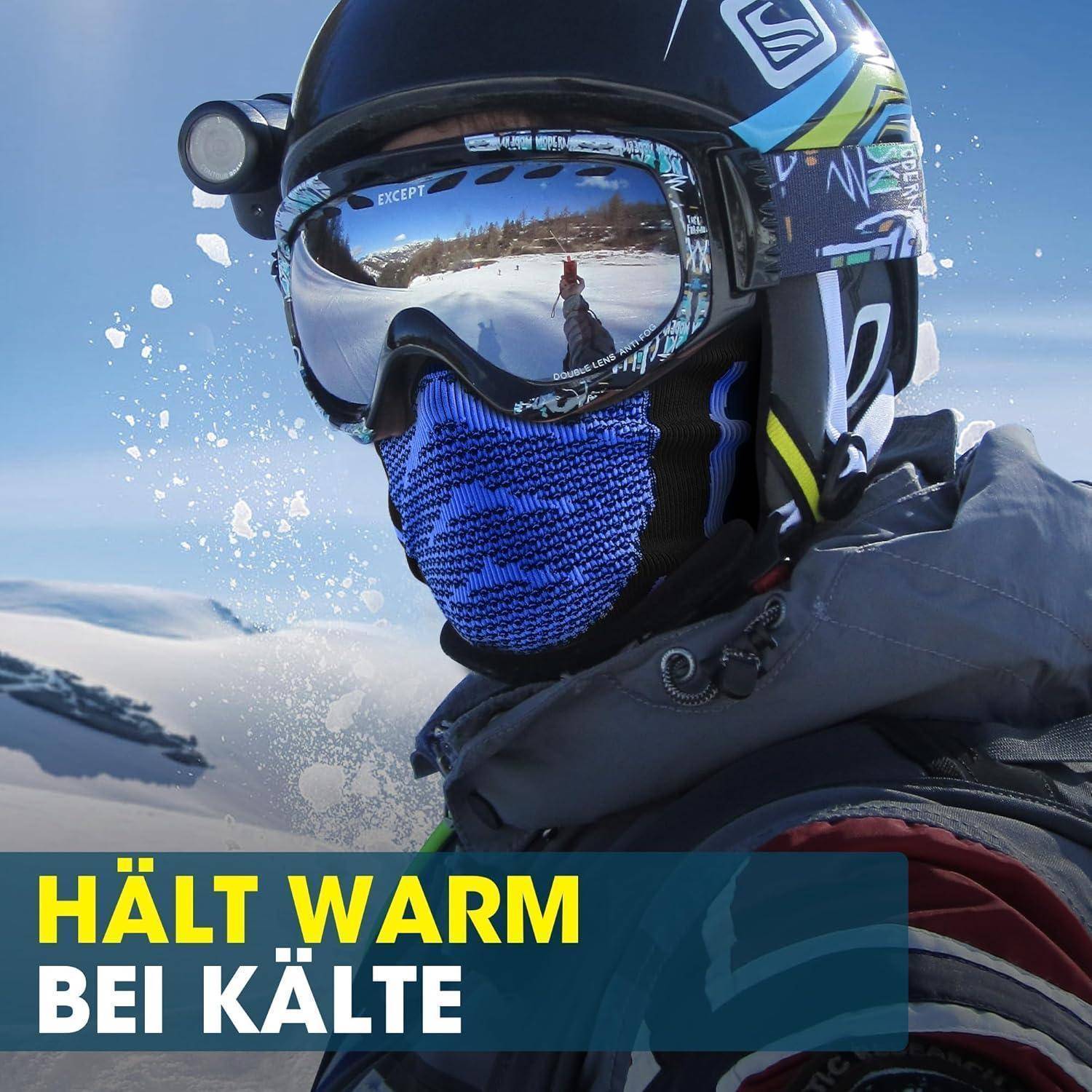 Nahaufnahme eines Snowboarders mit Schutzbrille und Gesichtsbedeckung in verschneiten Bergen, mit dem deutschen Text 