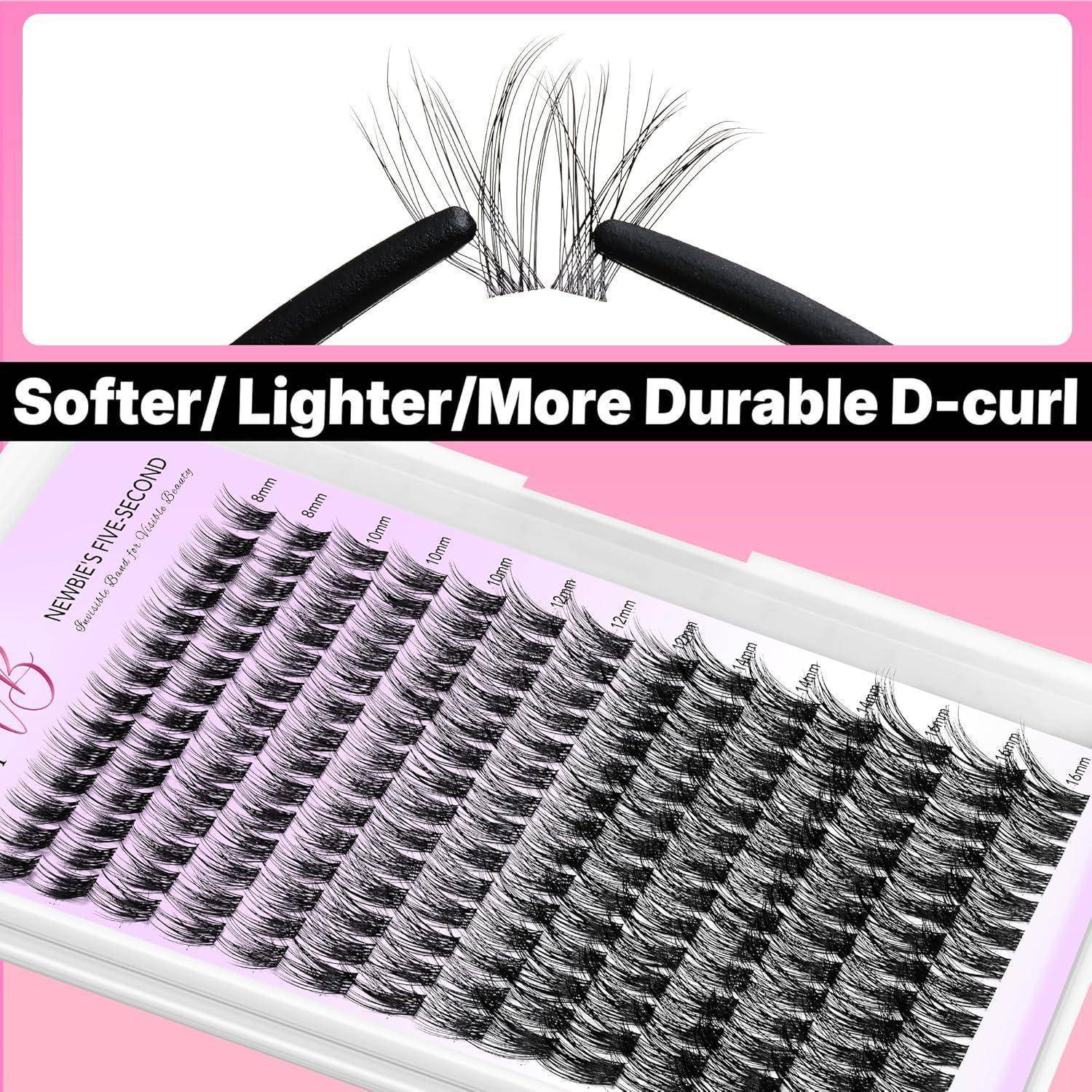 Werbebild von künstlichen Wimpern in einem Tablett mit einer Pinzette; der Text lautet „Weicher/Leichter/Haltbarer D-Curl