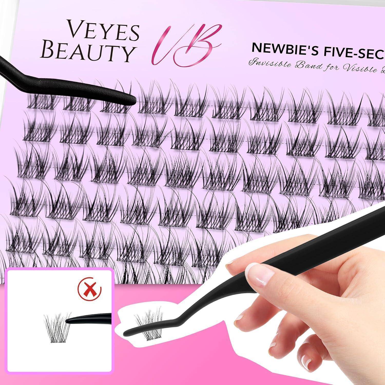 Werbebild für Veyes Beauty's 'Anfänger Fünf-Sekunden' Wimpernbüschel auf einem rosafarbenen Tablett, mit einer Pinzette, die ein Wimpernstück anbringt.