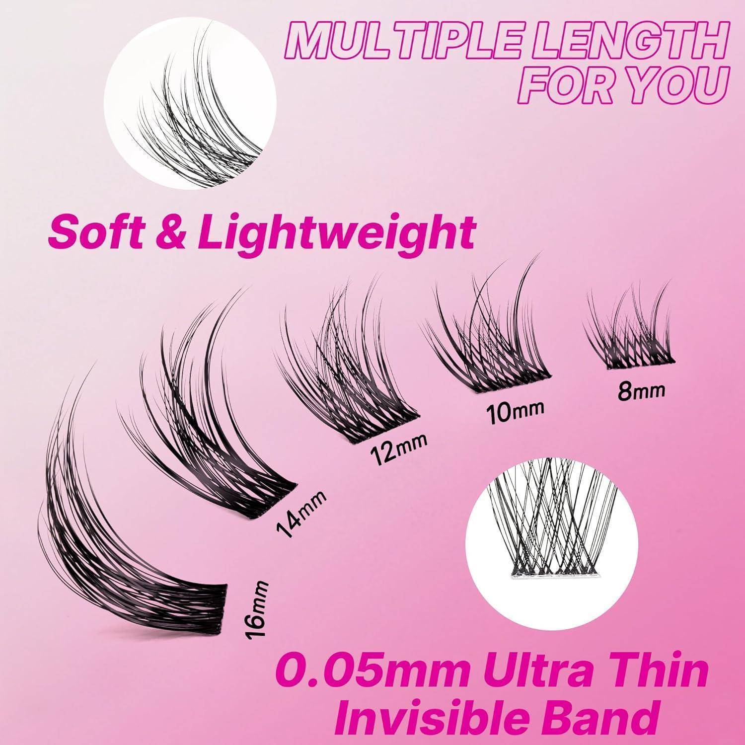 Rosa Produktgrafik mit künstlichen Wimpern in mehreren Längen, gekennzeichnet mit 16 mm, 14 mm, 12 mm, 10 mm und 8 mm, mit dem Text „Soft & Lightweight